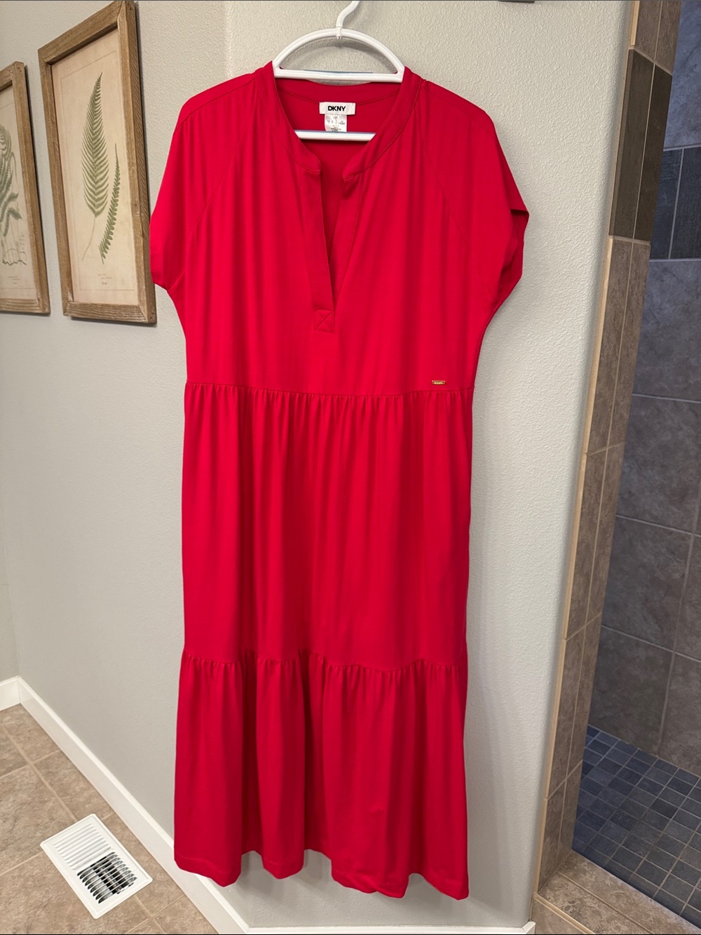 DKNY Bright Red Short-Sleeve Tiered Midi Dress